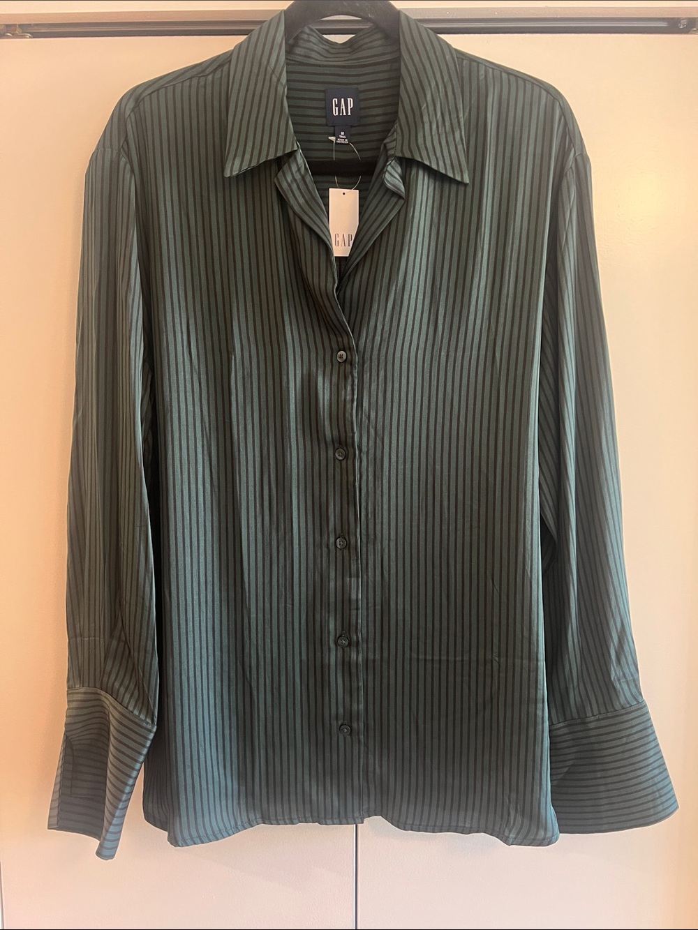 GAP Dark Green and Black Striped Silk-Blend Button Front Blouse